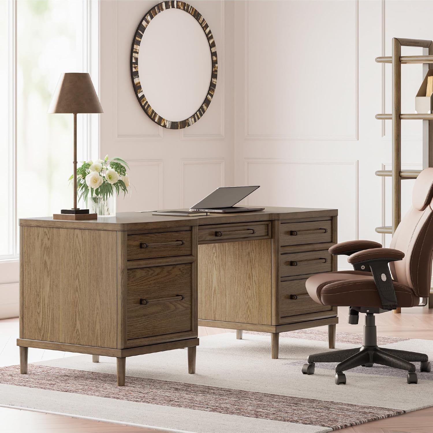 Signature Design by Ashley Roanhowe Contemporary 68" Home Office Desk with 6 Felt-Lined Drawers, USB Charging Ports and Cord Management, Dark Brown