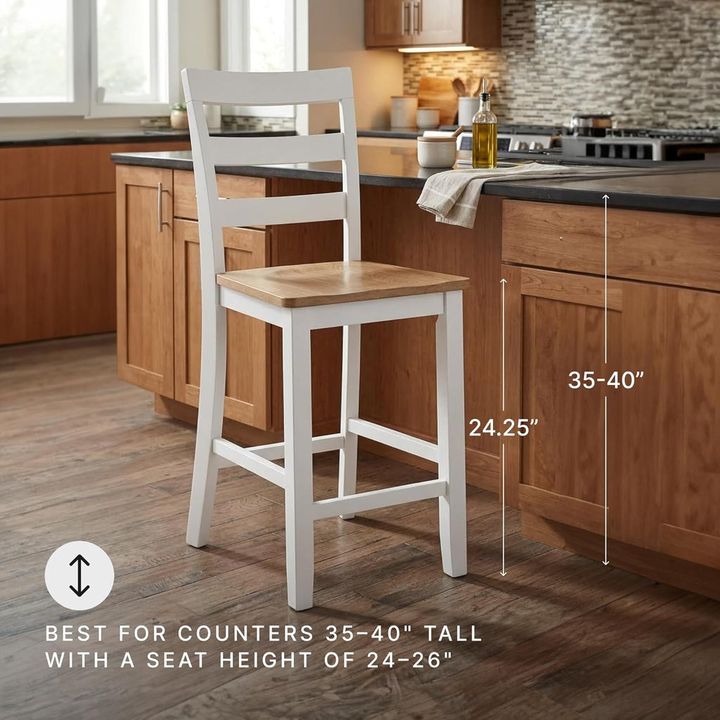 Signature Design by Ashley Gesthaven Counter Height Bar Stool, Set of 2, 24.25" Stools with Ladder Back, Solid Wood Frame, Contoured Mango Wood Veneer Seat, Kitchen Island Dining, Natural and White