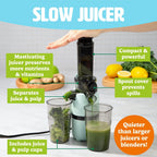 Tasty Slow Juicer, Compact Masticating Juicer with Pulp Separation, Maximum Juice Yield for Fresh, Nutrient-Rich Drinks, Easy Clean-Up & Compact Design, Aqua