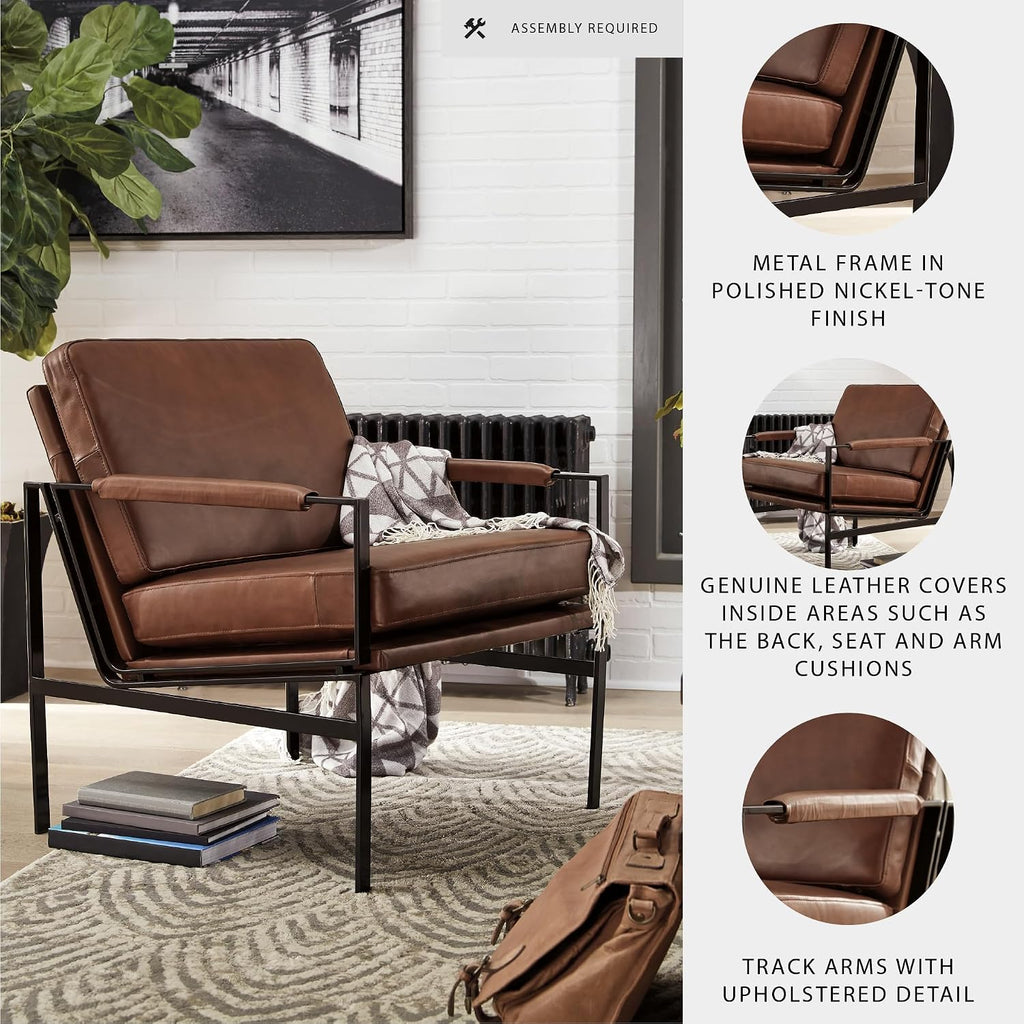 Signature Design by Ashley Puckman Brown Leather Accent Chair, Contemporary Living Room Seating, Sturdy Metal Frame