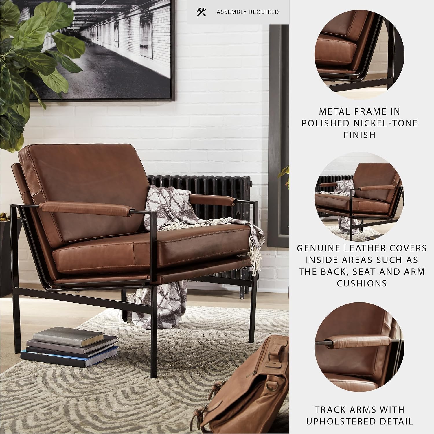 Signature Design by Ashley Puckman Brown Leather Accent Chair, Contemporary Living Room Seating, Sturdy Metal Frame
