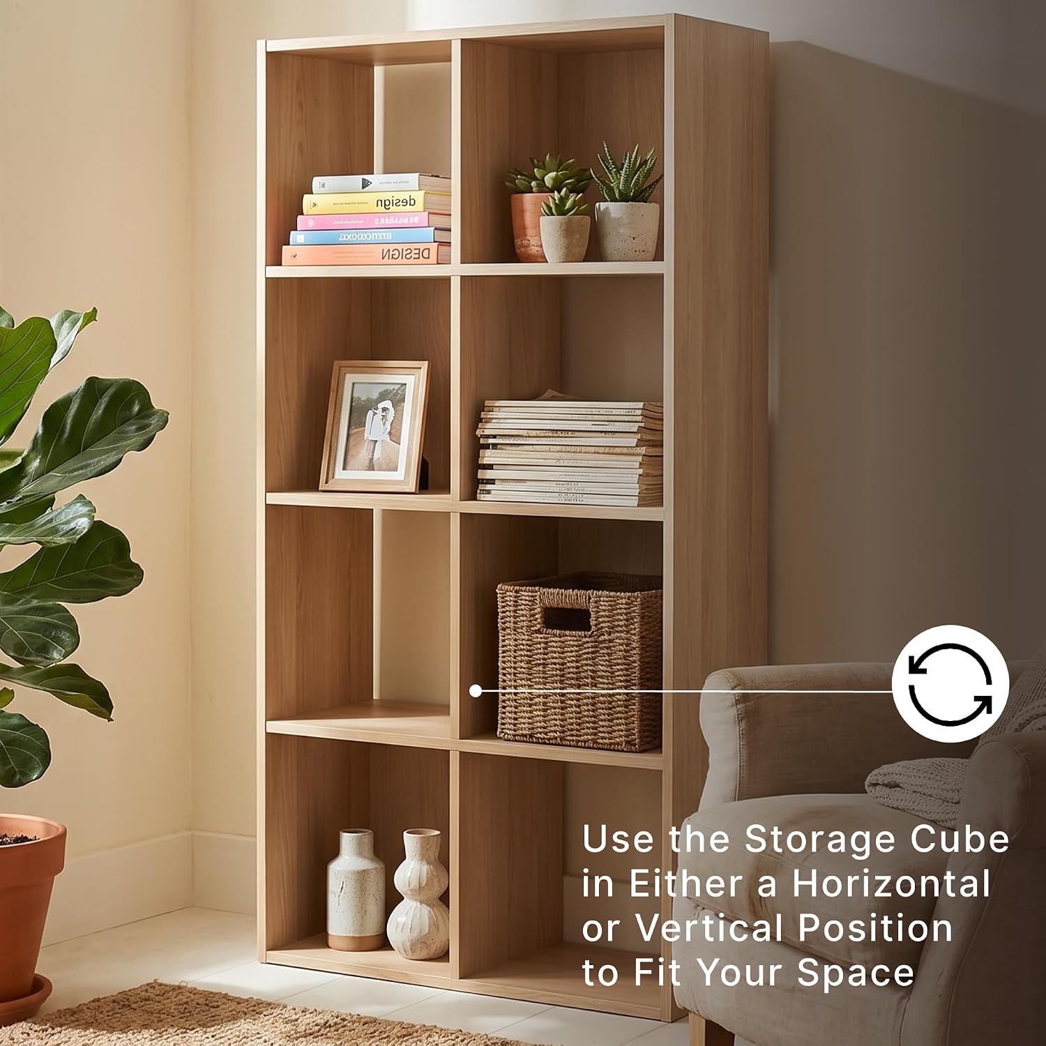 Signature Design by Ashley Piperton 8 Cube Storage Organizer, Natural Finish Over Replicated Ash Wood Grain, Vertical Floor Mount Cubbies for Living Room or Home Office, Light Brown