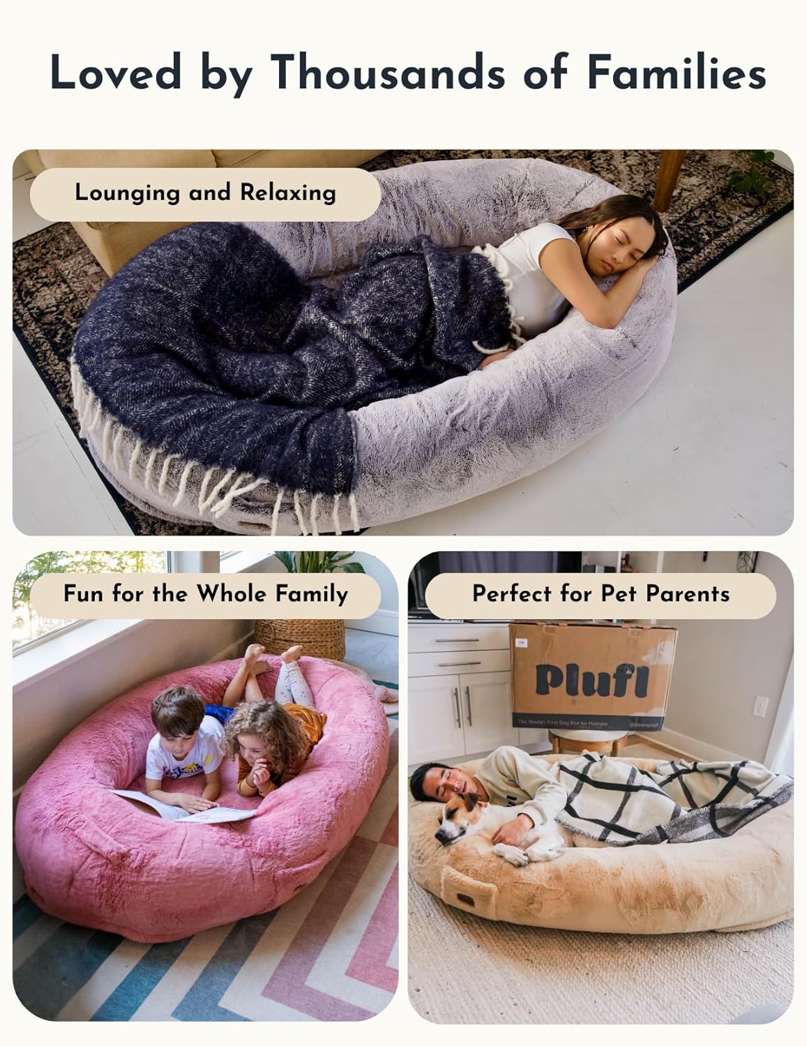 Plufl, The Original Human Dog Bed for Adults, Kids, and Pets. As Seen on Shark Tank. Comfy Plush Large Bean Bag with Memory Foam, Machine Washable, and Durable. Perfect nap and Floor Bed - Arctic Grey