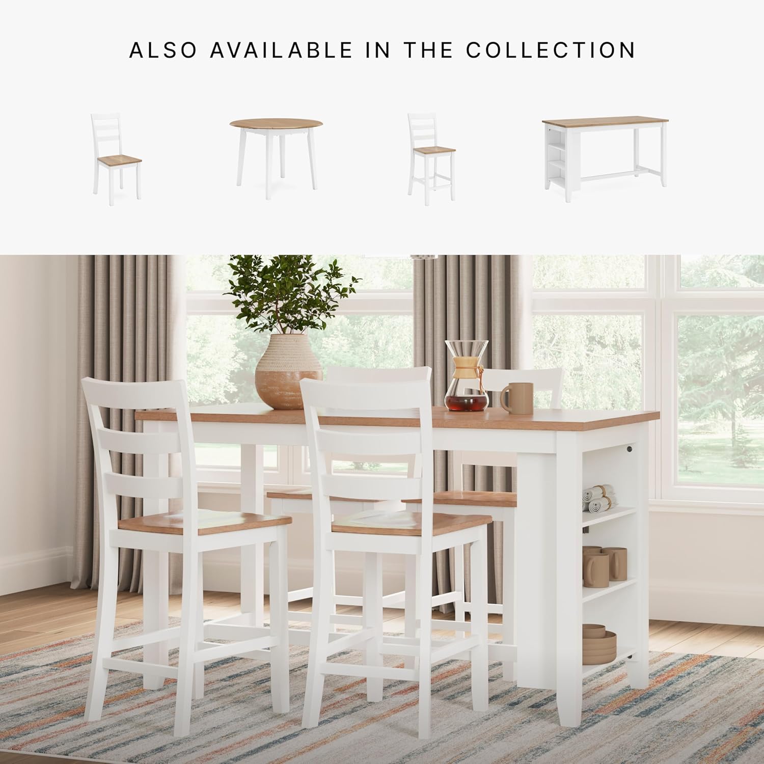 Signature Design by Ashley Gesthaven Counter Height Bar Stool, Set of 2, 24.25" Stools with Ladder Back, Solid Wood Frame, Contoured Mango Wood Veneer Seat, Kitchen Island Dining, Natural and White