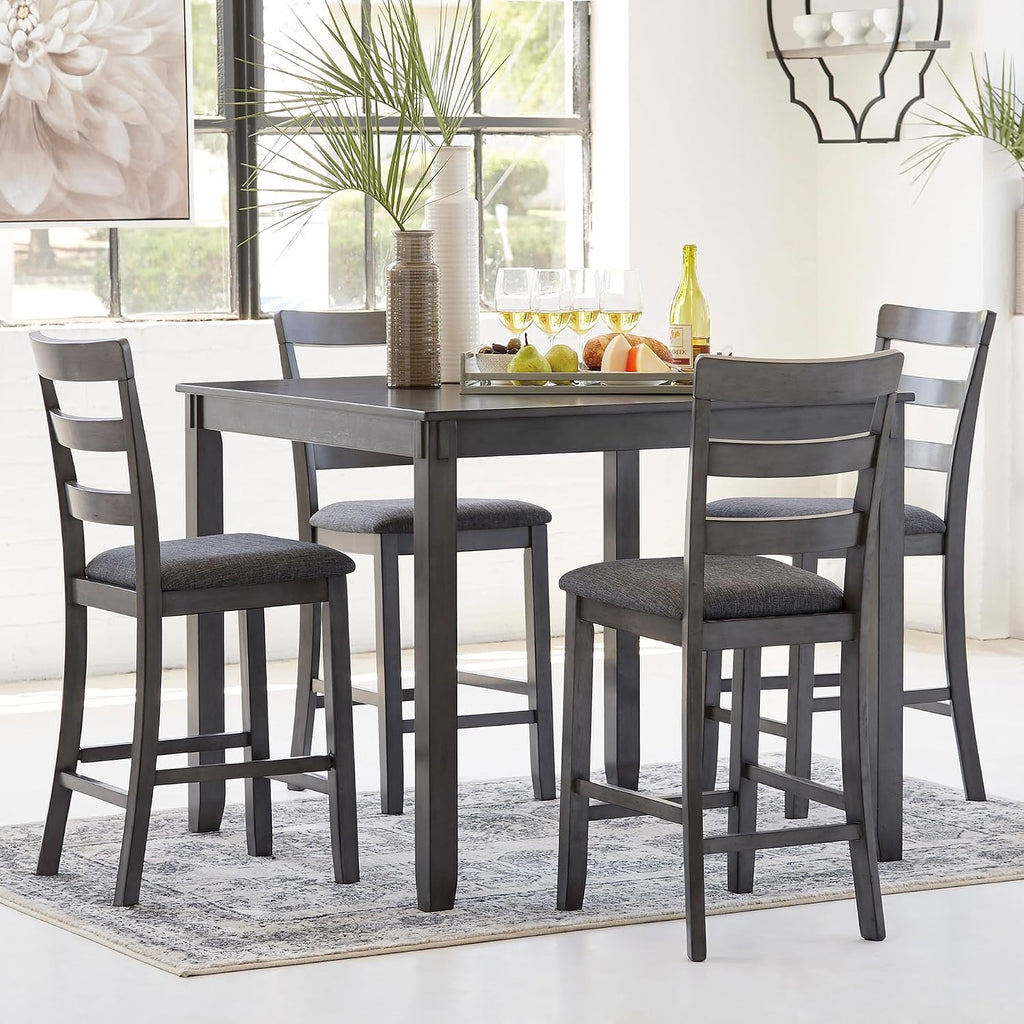 Signature Design by Ashley Bridson 5-Piece Counter Height Dining Table Set, Space-Saving Square Design, Solid Wood, Engineered Wood, and Birch Veneer Construction, Gray