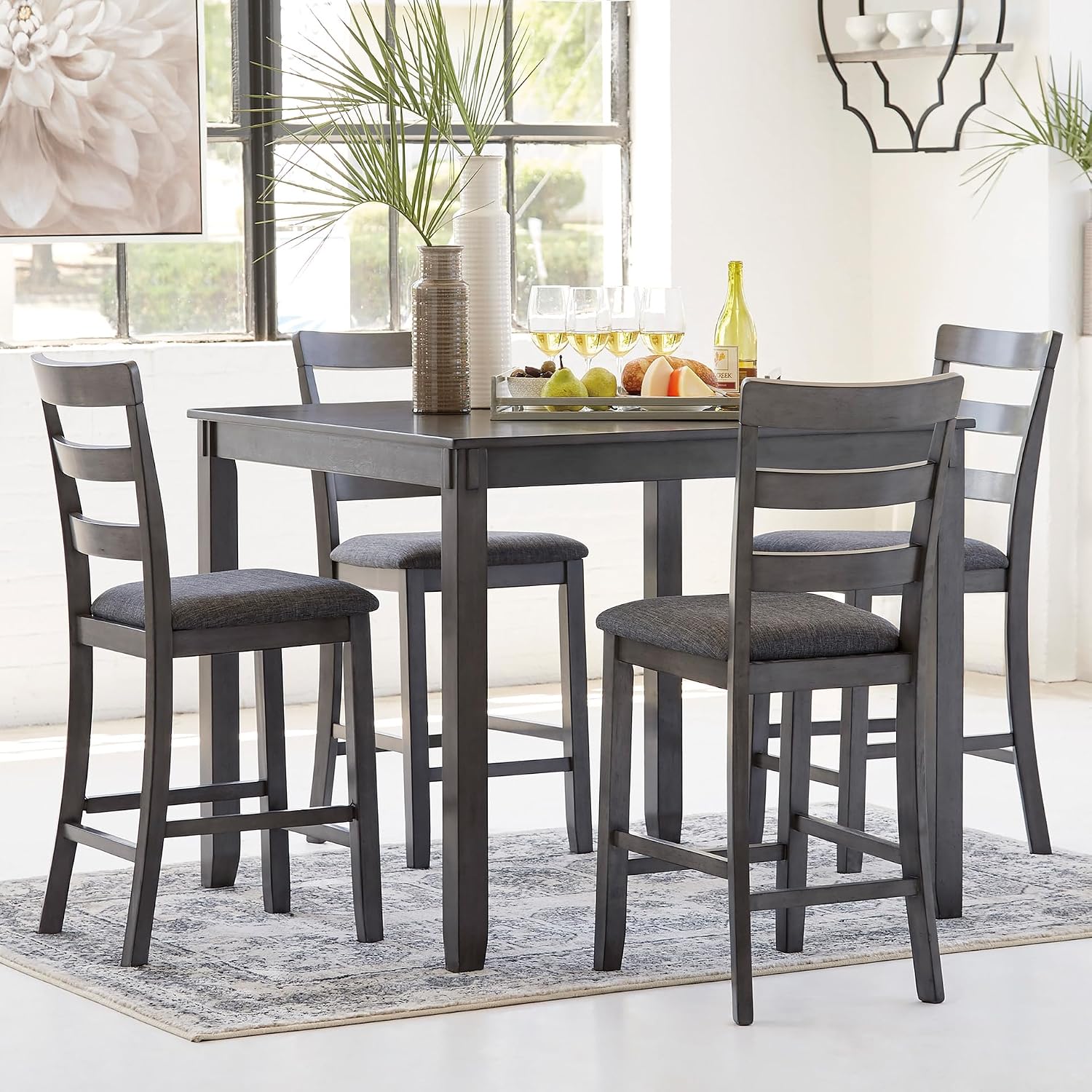 Signature Design by Ashley Bridson 5-Piece Counter Height Dining Table Set, Space-Saving Square Design, Solid Wood, Engineered Wood, and Birch Veneer Construction, Gray