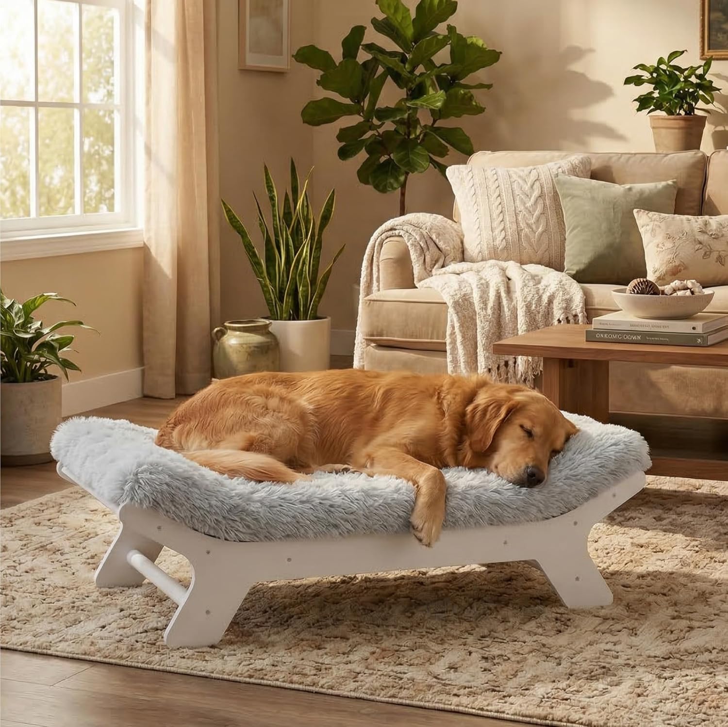 Muihood Elevated Wooden Dog Bed with Foam Mattress, Walnut, X-Large | Raised Dog Bed with Washable Cover, Supportive Foam Mattress, Perfect for X-Large Dogs and Indoor Living