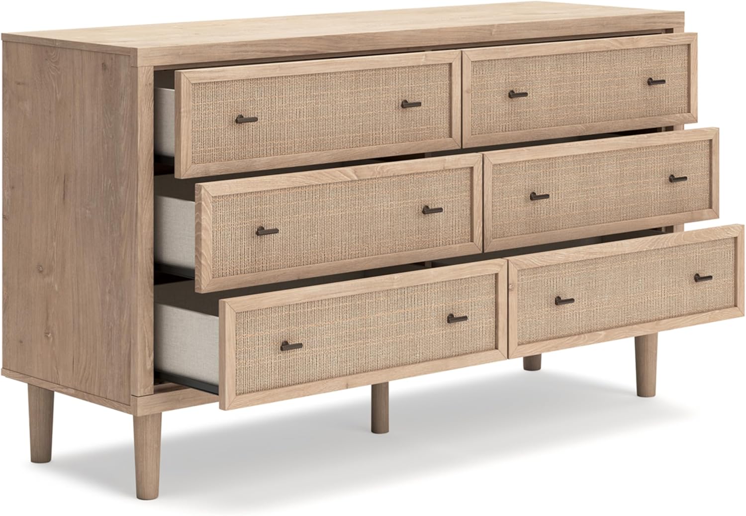 Signature Design by Ashley Cielden 6 Drawer Dresser, Quick 10-Minute Assembly, Textured Cane Details, Coastal Modern Bedroom Storage, Light Brown Two-Tone