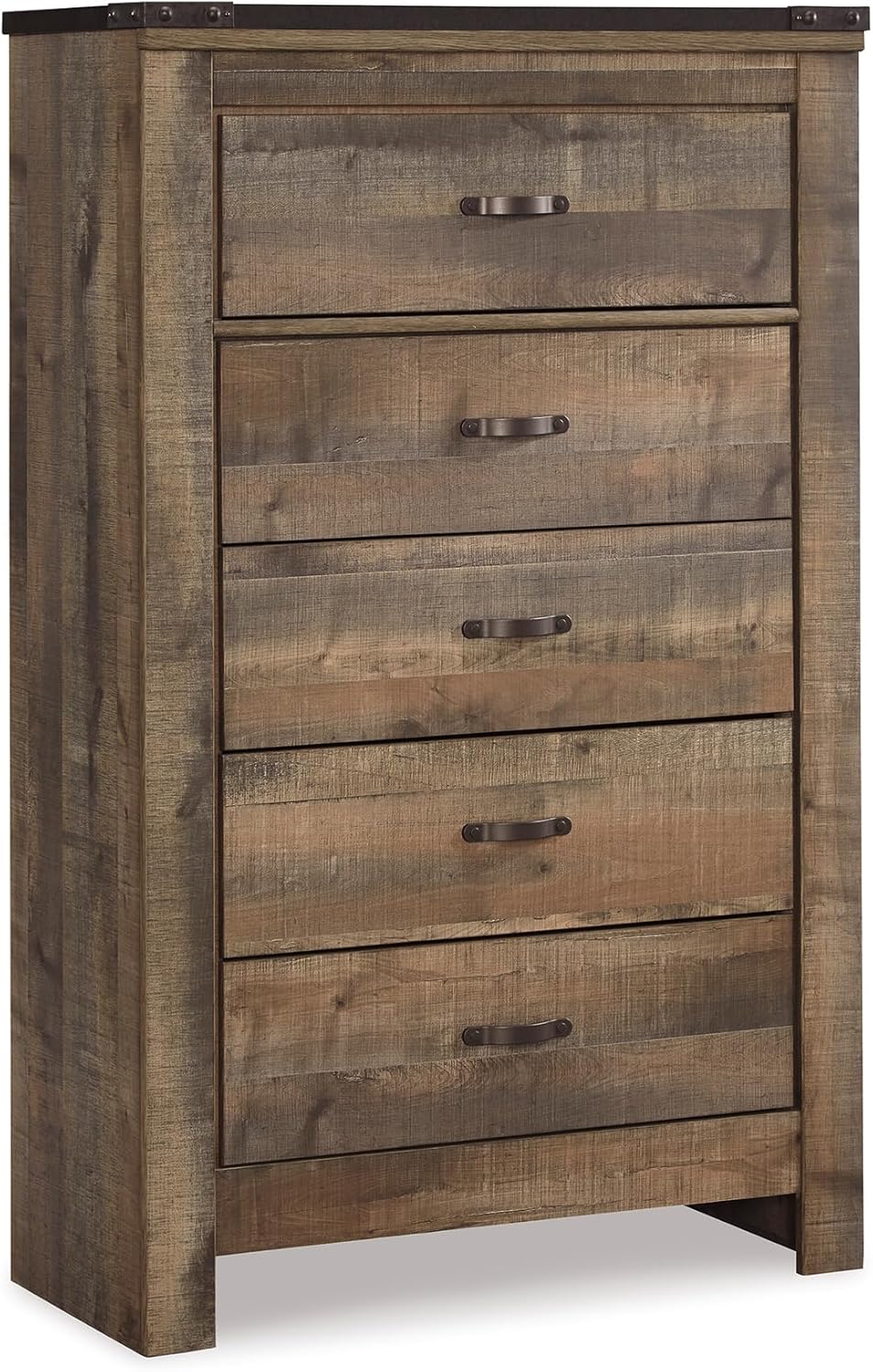 Signature Design by Ashley Trinell Rustic 5 Drawer Chest of Drawers with Nailhead Trim, Warm Brown