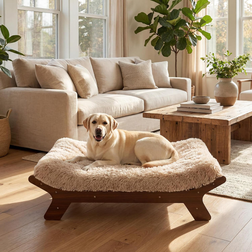 Muihood Elevated Wooden Dog Bed with Foam Mattress, Walnut, X-Large | Raised Dog Bed with Washable Cover, Supportive Foam Mattress, Perfect for X-Large Dogs and Indoor Living