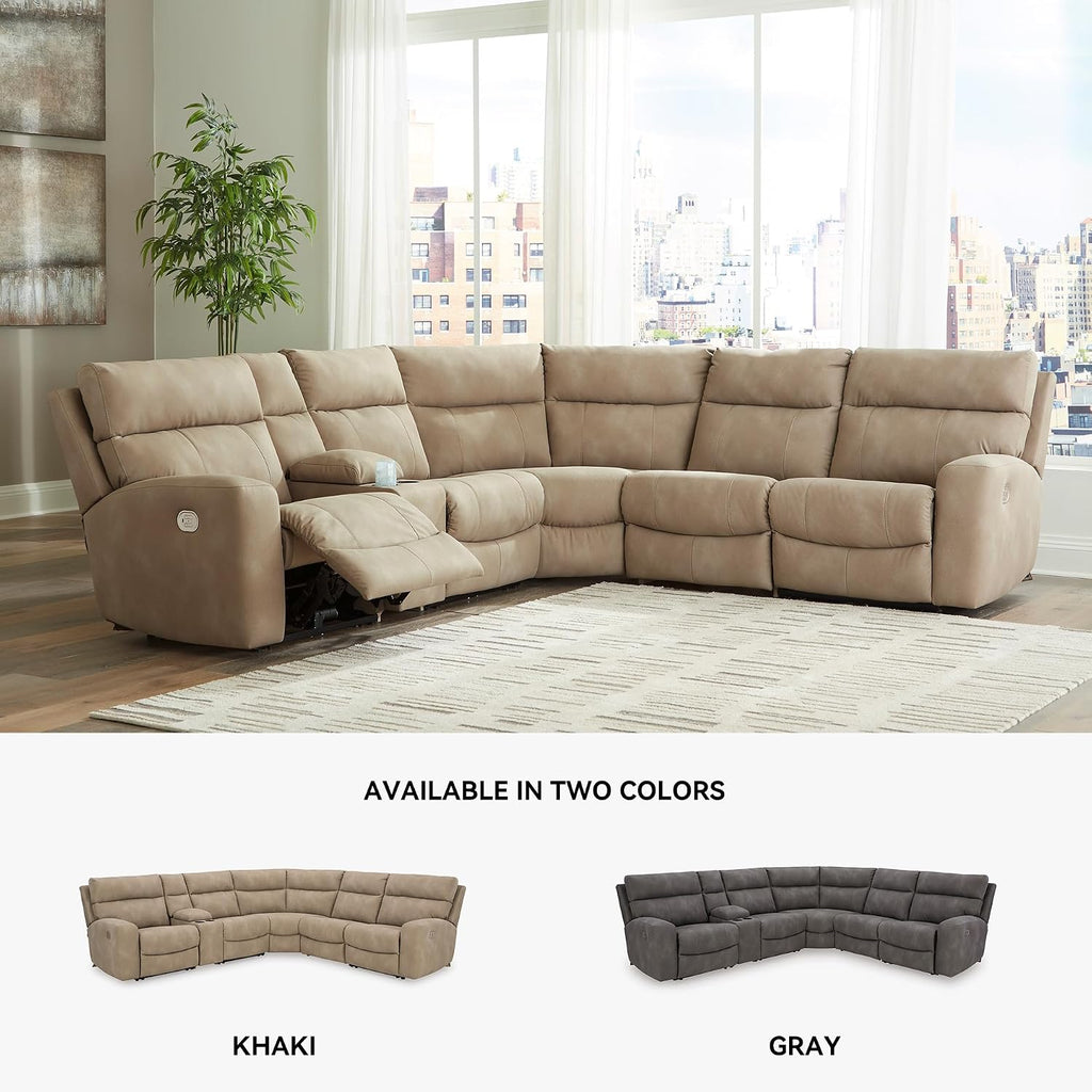 Signature Design by Ashley Next-Gen DuraPella 6-Piece Power Reclining Sectional, Zero Gravity Comfort and Adjustable Headrests, L-Shaped Faux Leather Modular Design for Living Rooms, Sand, 132" W