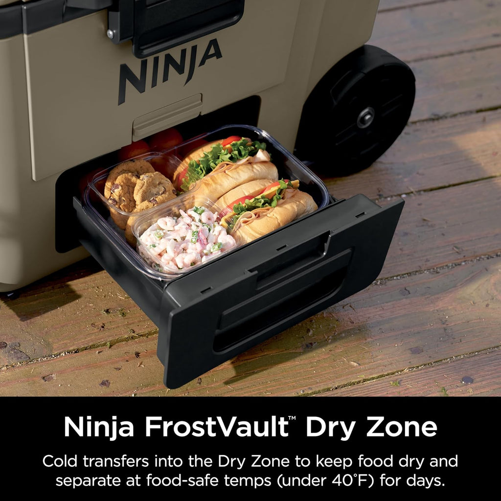 Ninja | Cooler | FrostVault 65QT Cooler with Wheels | Insulated with Temp Dry Storage Drawer | Keeps Ice Cold for Days | for the Beach, Camping, Picnics & More | Birch Beige | FB265CS