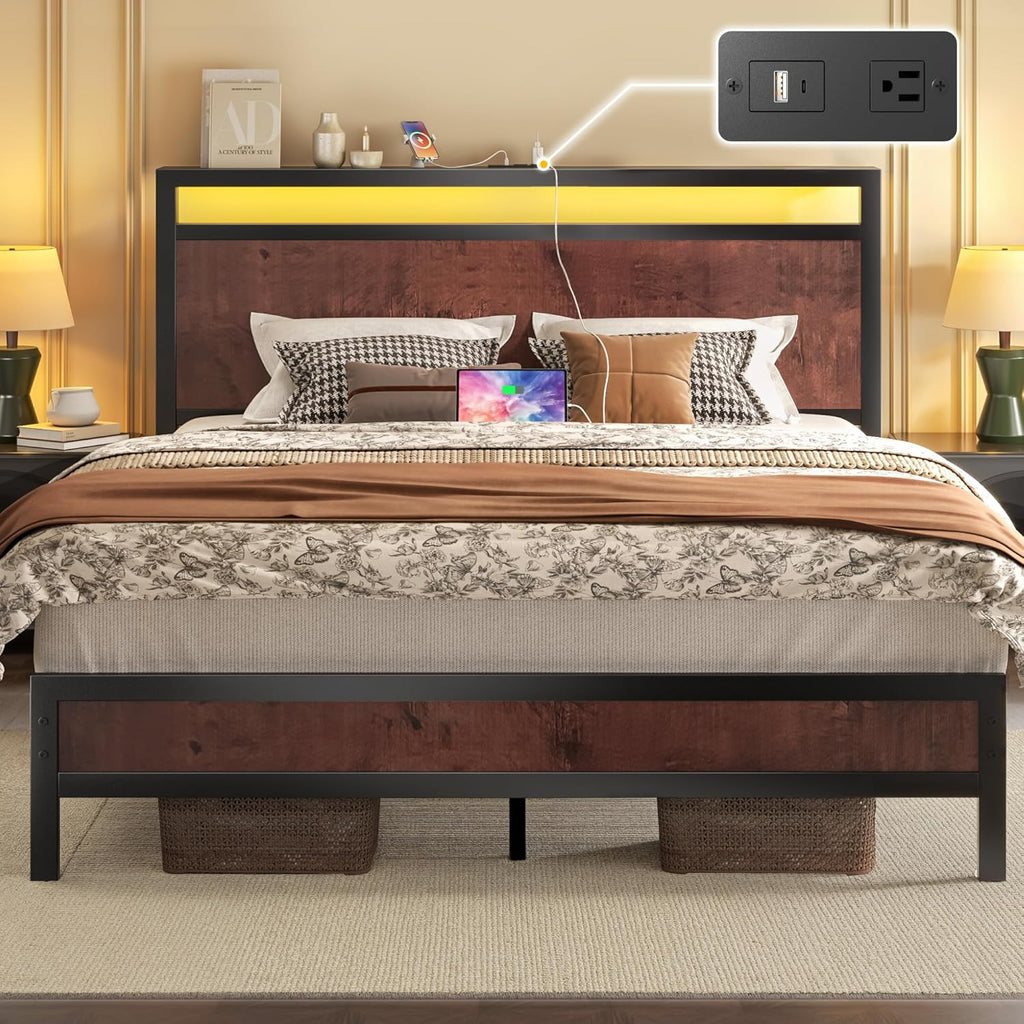 Fluest Queen Bed Frame with Headboard & Footboard, Bed Frame with Built-in Charging Station & LED Light, Storage Shelf, Noise-Free, No Box Spring Needed, Easy Assembly, Classic Black