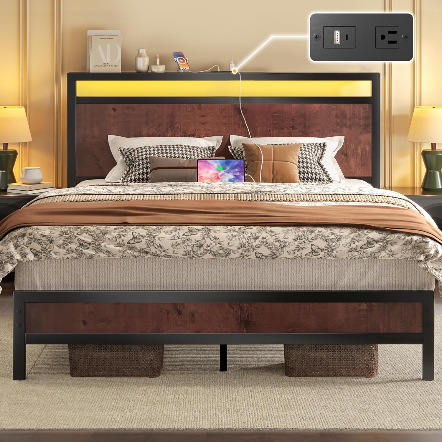 Fluest Queen Bed Frame with Headboard & Footboard, Bed Frame with Built-in Charging Station & LED Light, Storage Shelf, Noise-Free, No Box Spring Needed, Easy Assembly, Classic Black