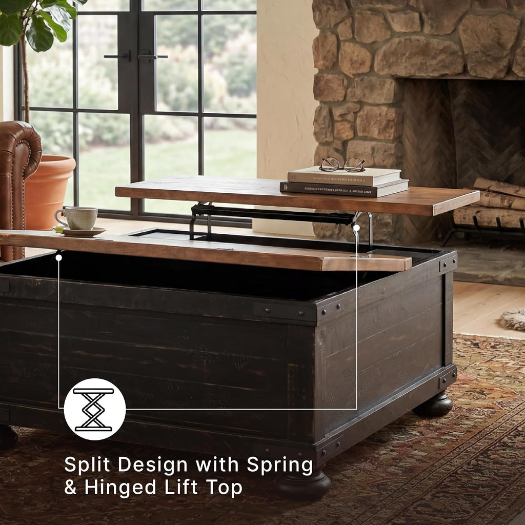 Signature Design by Ashley Valebeck Lift Top Coffee Table, Storage, Split-top Design, Wood, 36" W x 36" D x 18" H, 2-tone Distressed Brown & Black Finish