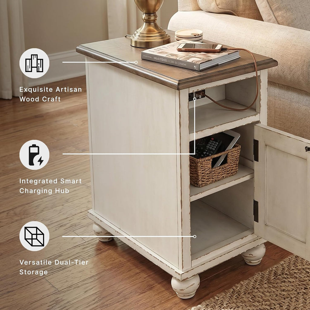 Signature Design by Ashley Realyn Narrow End Table with Charging Station, Chairside End Table, Wood, Engineered Wood and Veneers, Living Room Furniture, Antiqued White and Brown, 14" W