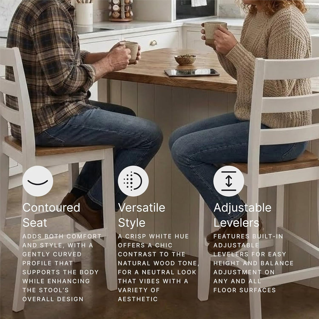 Signature Design by Ashley Gesthaven Counter Height Bar Stool, Set of 2, 24.25" Stools with Ladder Back, Solid Wood Frame, Contoured Mango Wood Veneer Seat, Kitchen Island Dining, Natural and White