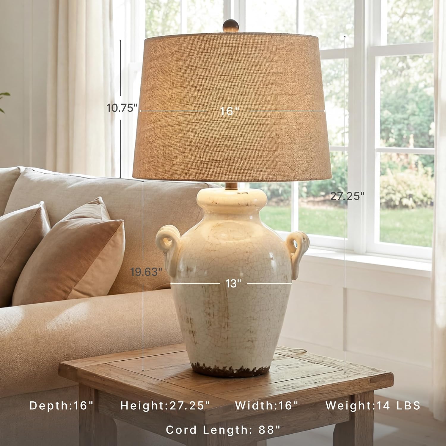 Signature Design by Ashley Emelda Casual Farmhouse Ceramic Table Lamp with Fabric Modified Drum Shade and 3-Way Switch, 27.25', Cream Glaze Crackle Finish