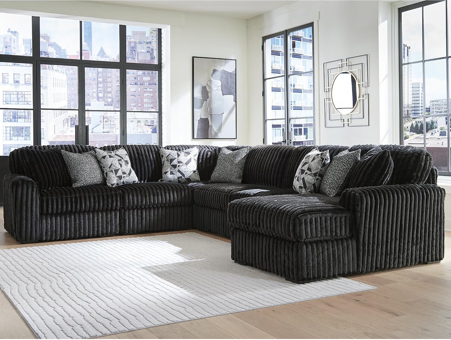 Signature Design by Ashley Midnight-Madness 6-Piece Sectional Sofa with Chaise, Jumbo Corduroy U-Shaped Couch, Oversized Deep Seating for Living Rooms