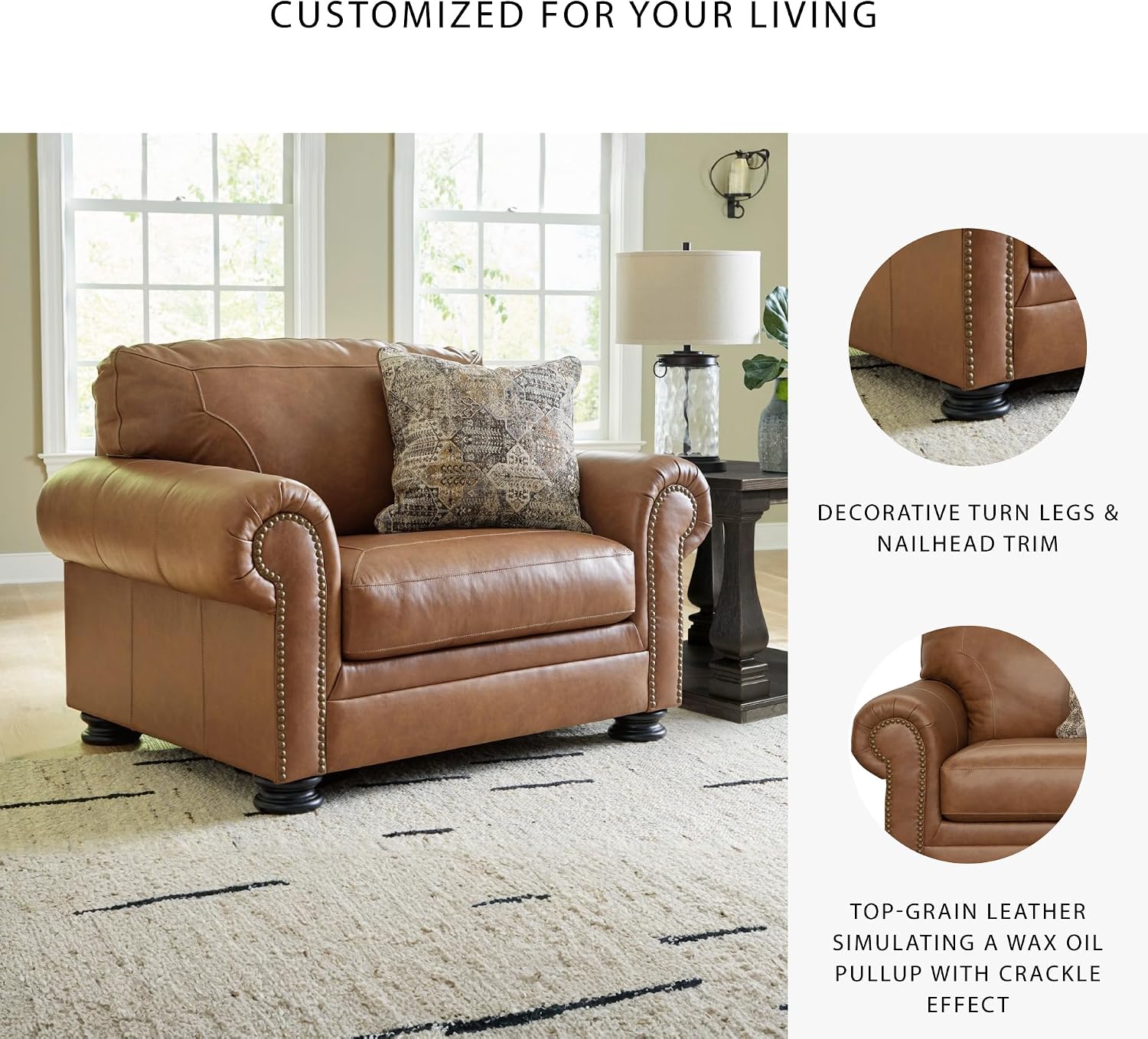 Signature Design by Ashley Carianna Oversized Chair, Fully Assembled Extra Wide Seating, Caramel Combination of Leather and Faux Leather, Traditional Accent Armchair, 54" W