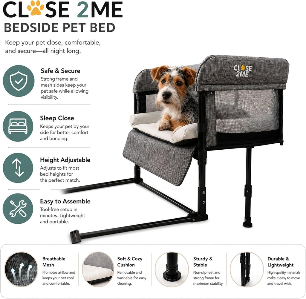 Englacha Close2Me Elevated Pet Bed - Bedside Mattress for Cats and Small Dogs - Comfortable, Cozy Design with Tool-Free Installation - Foldable for Easy Transport, Carry Bag Included