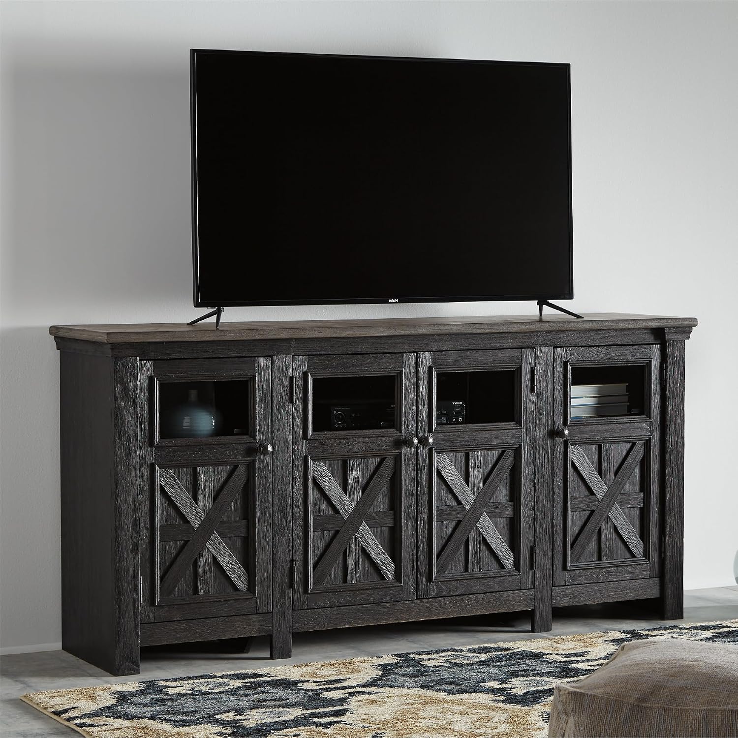 Signature Design by Ashley Tyler Creek Farmhouse TV Stand Fits TVs up to 72", 4 Glass Doors, 3 Adjustable Storage Shelves, Dark Gray