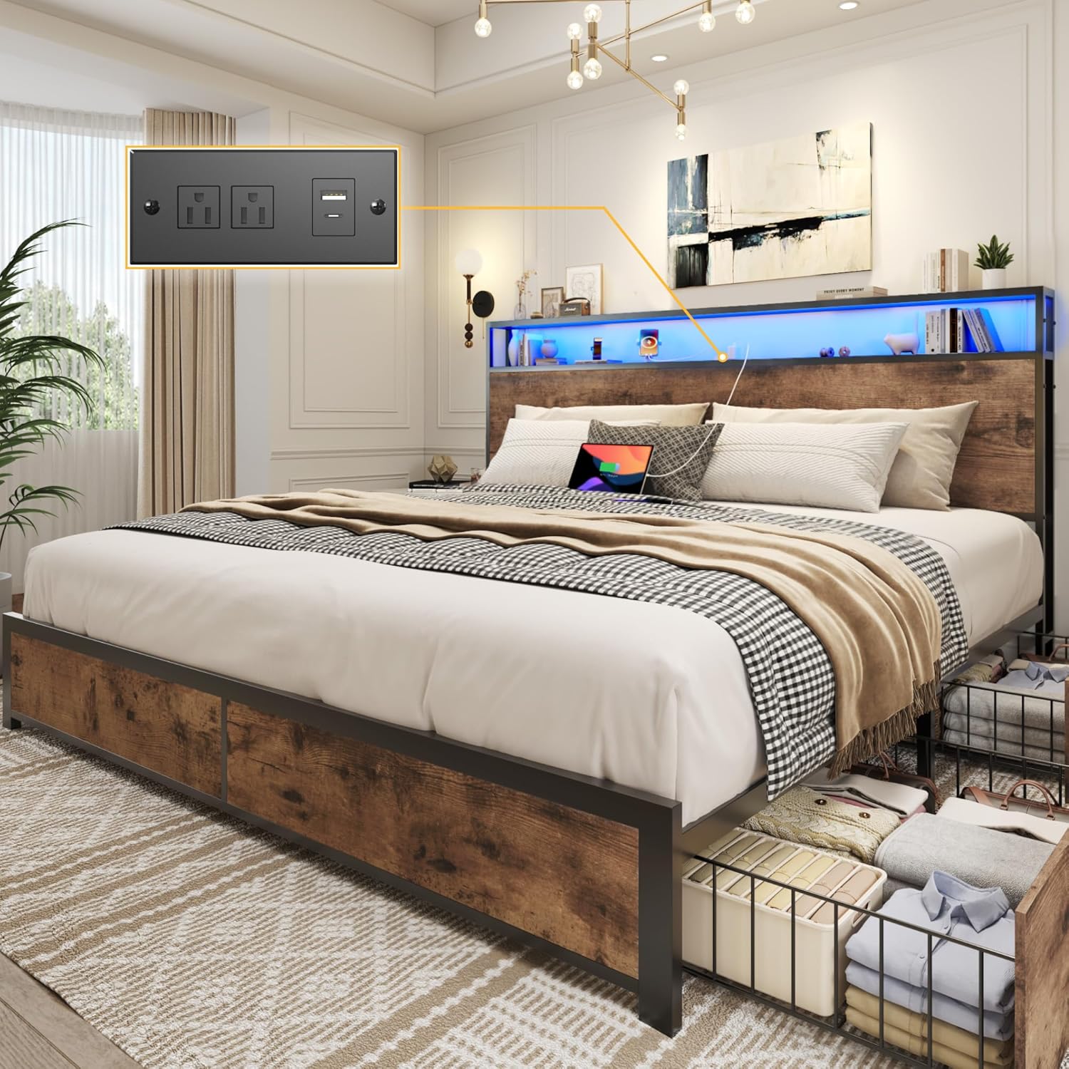 Lifezone Queen Bed Frame with 2-Tier Storage Headboard, Metal Platform Bed Frame with 4 Storage Drawers, Built in Charging Station & LED, Noise-Free/Metal Support/No Box Spring Needed, Vintage Brown