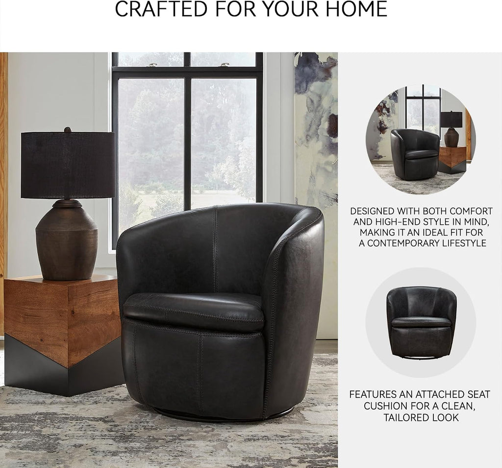 Signature Design by Ashley Kierreys Modern Top Grain Leather Upholstered Swivel Chair with Barrel Back, Black