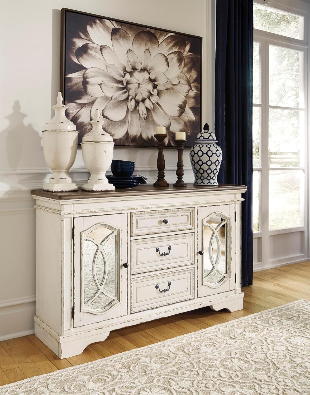 Signature Design by Ashley Realyn French Country Distressed Dining Room Server, 3 Drawers, 2 Cabinet Doors, Wood, 59" W x 17" D x 36.5" H, Chipped White