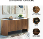 Signature Design by Ashley Fitzroy Accent Cabinet, Contemporary Solid Mango Wood & White Marble Top Sideboard with Anti-Tipping, Soft-Close Doors, Cord Openings, Light Brown & White, 66 Inch