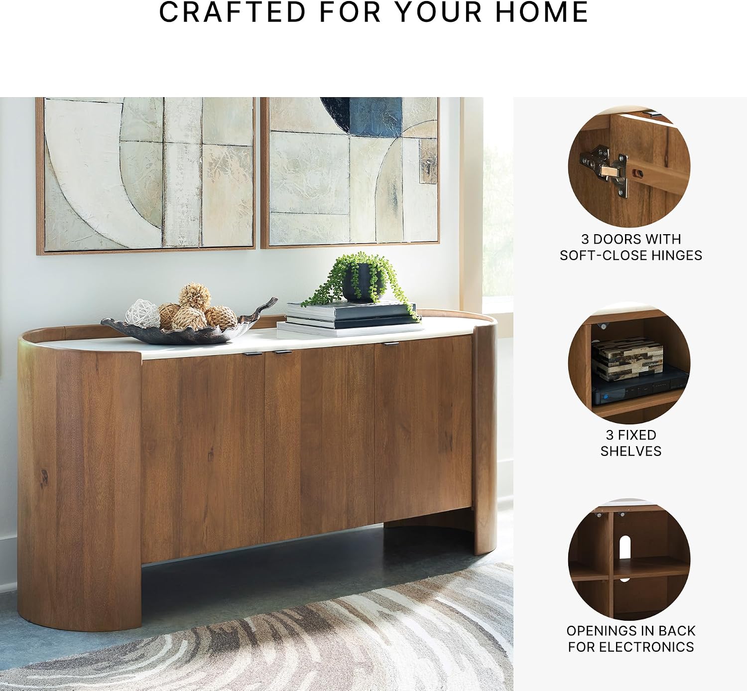 Signature Design by Ashley Fitzroy Accent Cabinet, Contemporary Solid Mango Wood & White Marble Top Sideboard with Anti-Tipping, Soft-Close Doors, Cord Openings, Light Brown & White, 66 Inch
