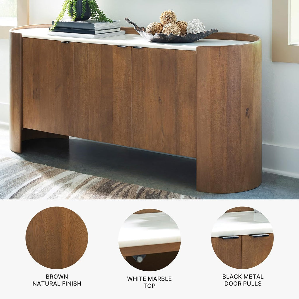 Signature Design by Ashley Fitzroy Accent Cabinet, Contemporary Solid Mango Wood & White Marble Top Sideboard with Anti-Tipping, Soft-Close Doors, Cord Openings, Light Brown & White, 66 Inch