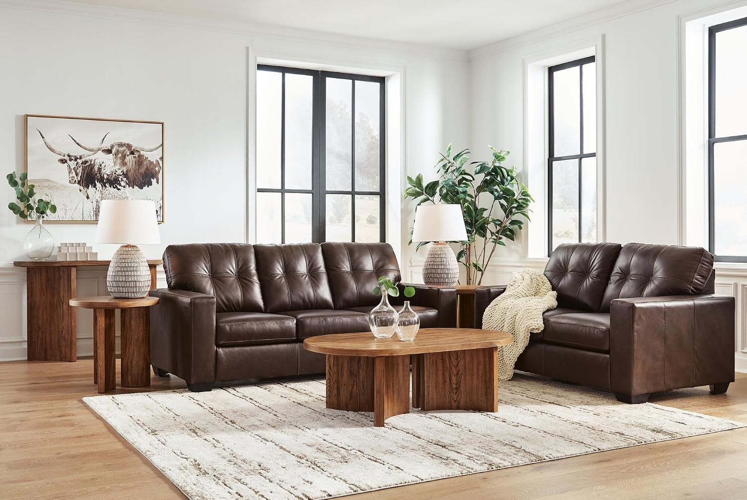 Signature Design by Ashley Santorine Transitional Tufted Leather Match Sofa, Dark Brown
