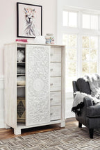 Signature Design by Ashley Paxberry Boho 5 Drawer Dressing Chest with Slider Door & 3 Adjustable Shelves, Whitewash