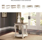 Signature Design by Ashley Realyn Round End Table, Cottage-Style Side Table with Antiqued Two-Tone Finish, Wood & Veneer Construction for Living Room or Bedroom, White/Brown