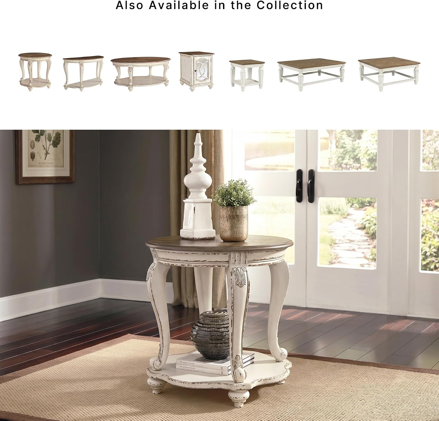 Signature Design by Ashley Realyn Round End Table, Cottage-Style Side Table with Antiqued Two-Tone Finish, Wood & Veneer Construction for Living Room or Bedroom, White/Brown