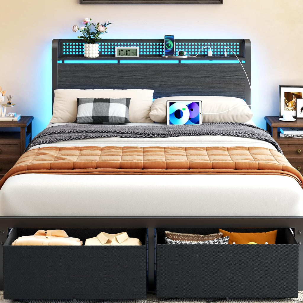 Furnulem Queen Size Bed Frame with Headboard Storage, Platform Bed Frame Queen Size with 2 Drawers, Charging Station and LED Lights, No Box Spring Needed, Noise Free, Easy Assembly (1200 lbs Capacity)