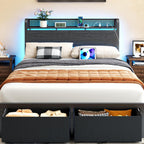 Furnulem Queen Size Bed Frame with Headboard Storage, Platform Bed Frame Queen Size with 2 Drawers, Charging Station and LED Lights, No Box Spring Needed, Noise Free, Easy Assembly (1200 lbs Capacity)