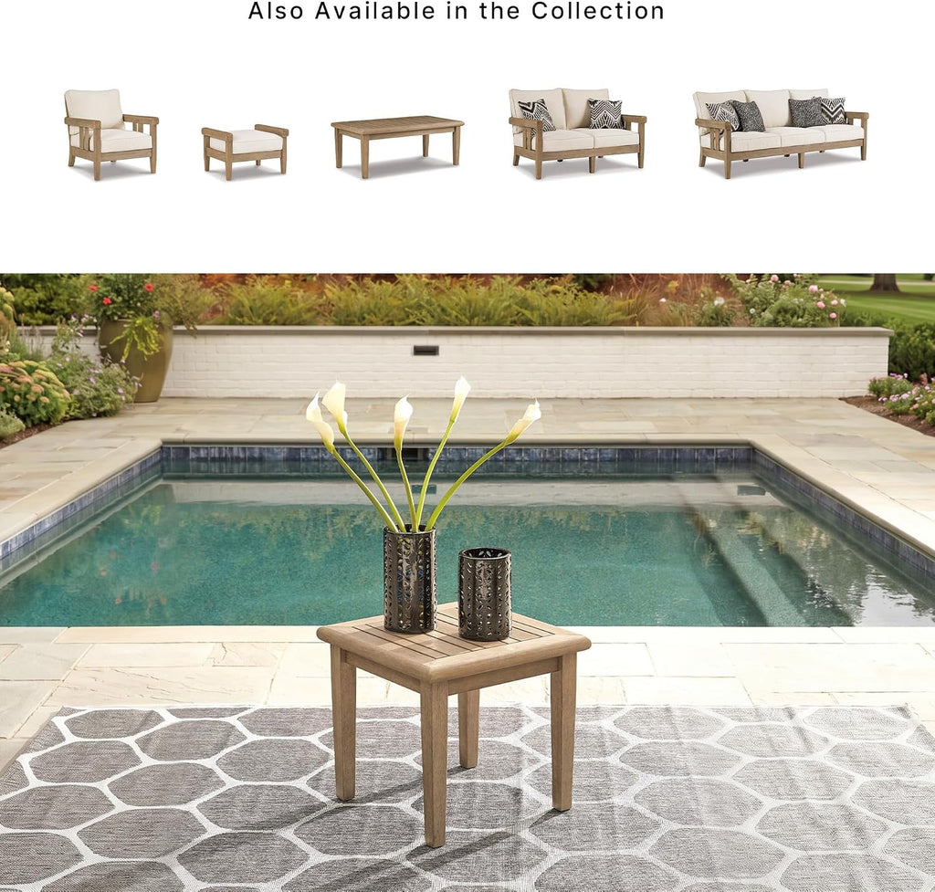 Signature Design by Ashley Gerianne Outdoor Square End Table with Slatting Styling and 5-Step Finishing Process, Eucalyptus Wood Frame, 22" High, Grayish Brown