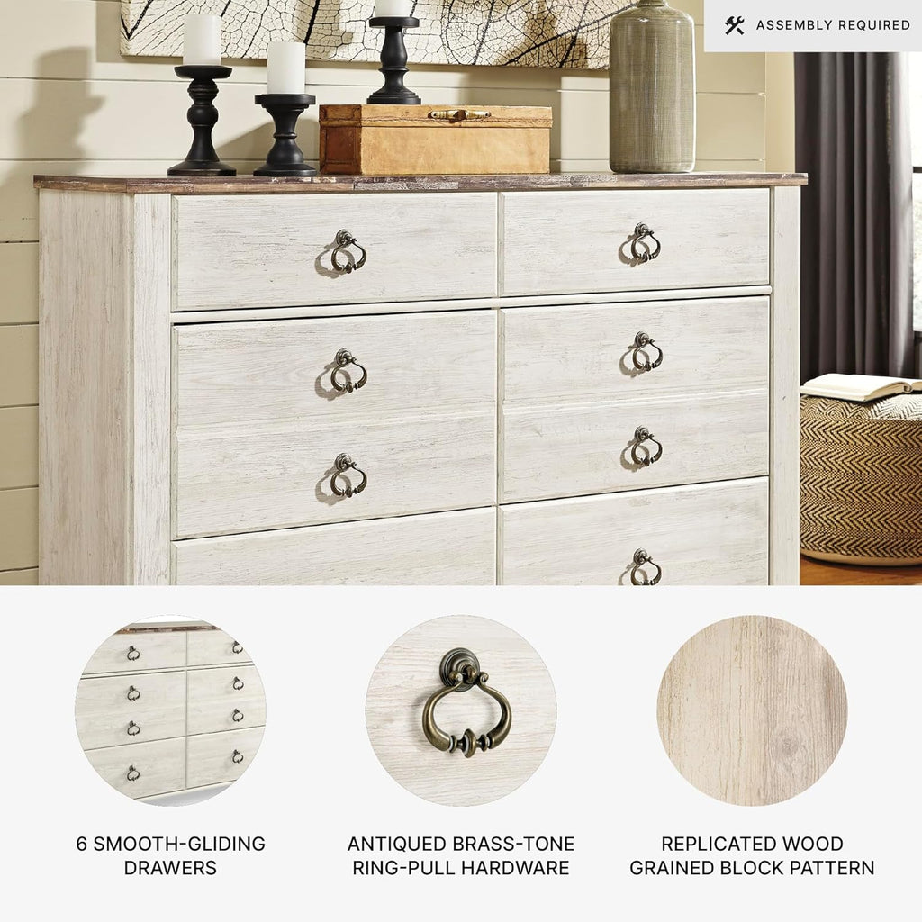 Signature Design by Ashley Willowton Coastal Cottage 6 Drawer Dresser with Faux Plank Top, Whitewash