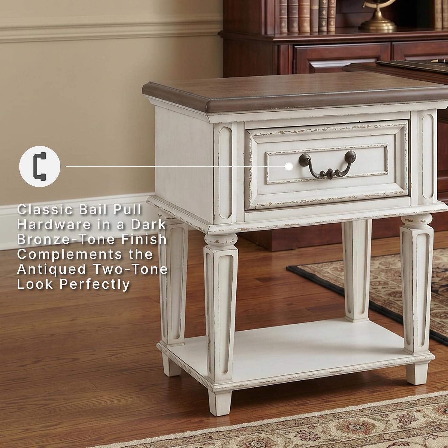 Signature Design by Ashley Realyn Traditional Cottage 1 Drawer Nightstand with Dovetail Construction & Open Display Shelf, Chipped White, 27" Tall, Distressed Brown