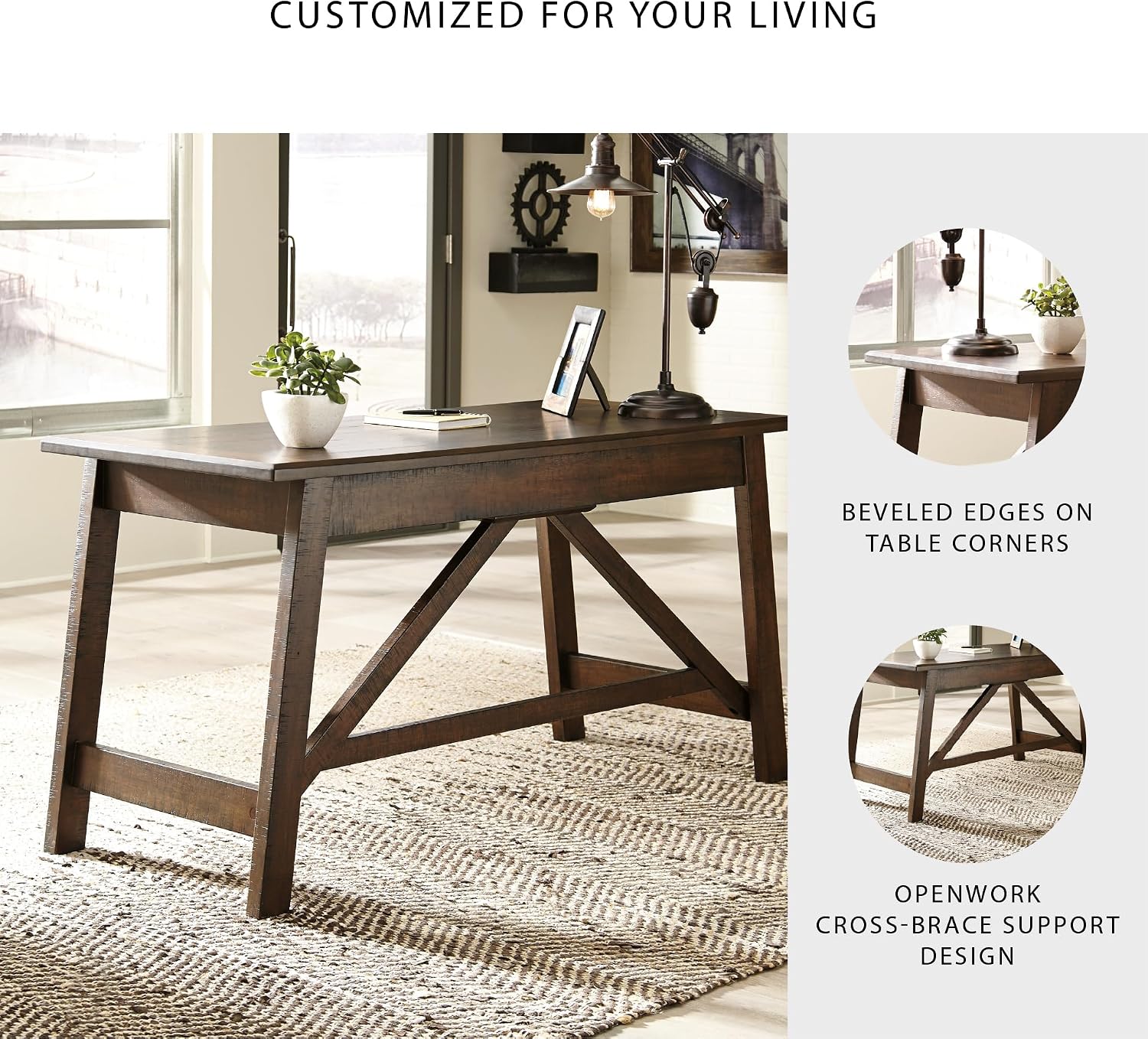 Signature Design by Ashley Baldridge Home Office Desk With Drawers, Rustic Industrial,Wood Construction, Smooth-Gliding Storage for Workspaces, Ideal for Home Offices, Brown