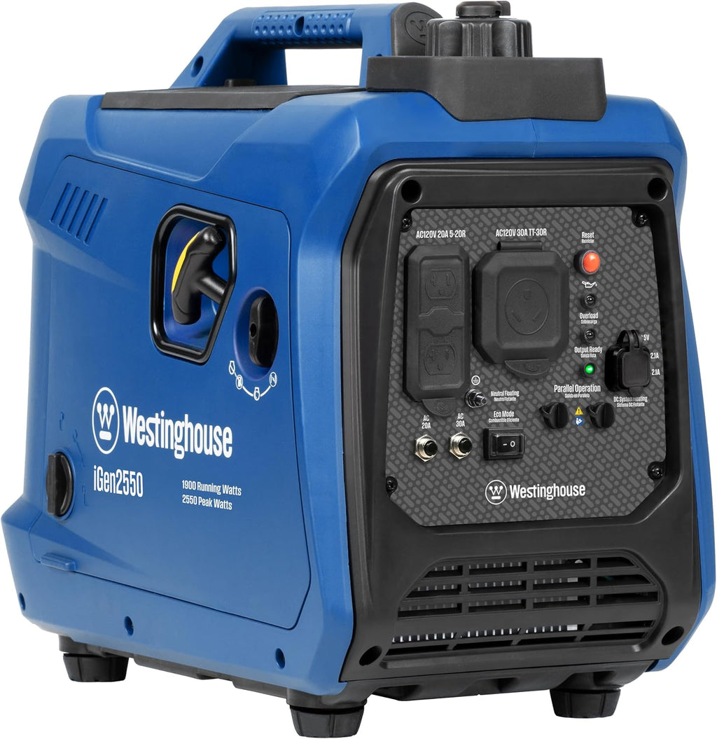 Westinghouse 2550 Peak Watt Super Quiet & Lightweight Portable Inverter Generator, RV Ready 30A Outlet, Gas Powered, Parallel Capable, Long Run Time,Blue