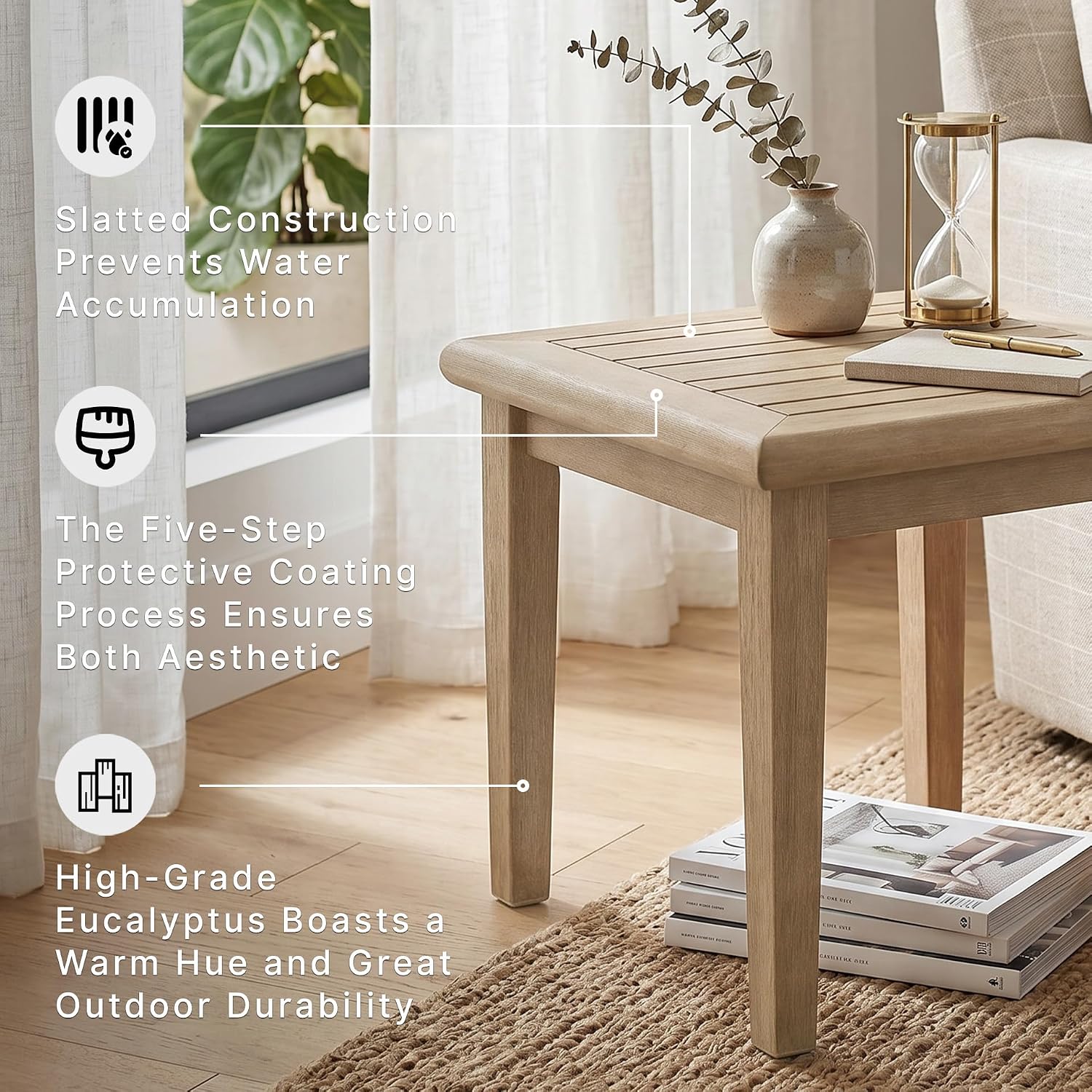 Signature Design by Ashley Gerianne Outdoor Square End Table with Slatting Styling and 5-Step Finishing Process, Eucalyptus Wood Frame, 22" High, Grayish Brown