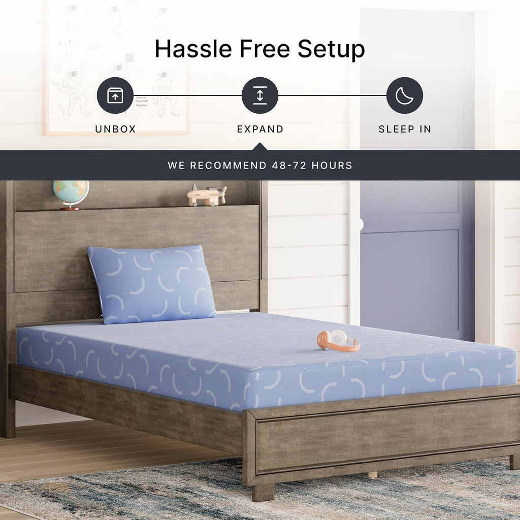 Signature Design by Ashley Full Size iKidz 7 Inch Firm Gel Memory Foam Mattress with Stretch Knit Cover & Pillow Included, Blue Ocean, Fiberglass-Free, Mattress in A Box