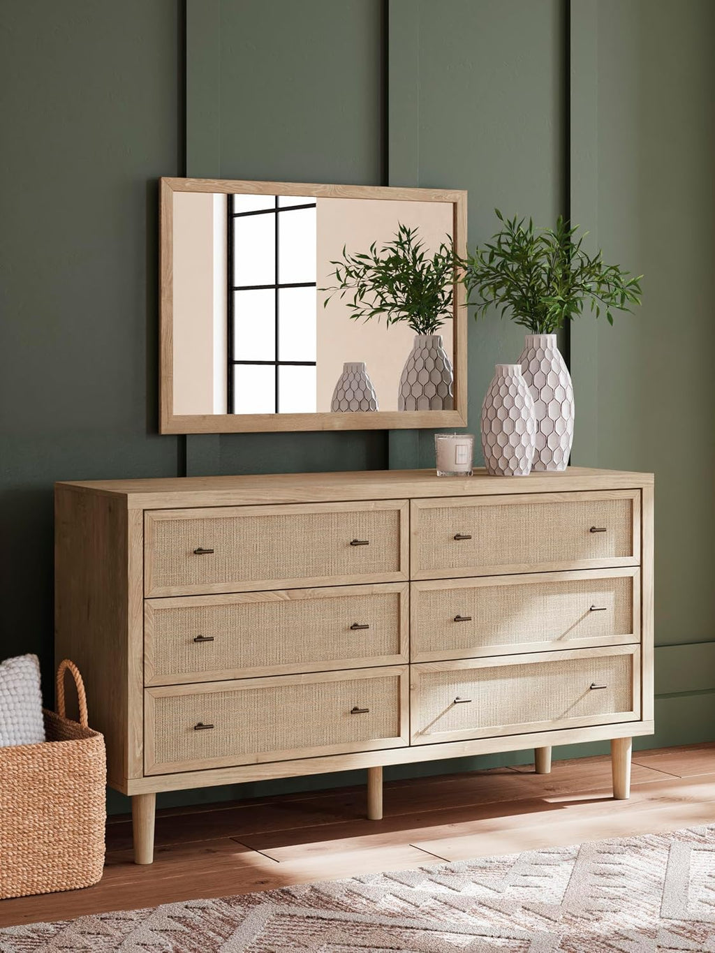 Signature Design by Ashley Cielden 6 Drawer Dresser, Quick 10-Minute Assembly, Textured Cane Details, Coastal Modern Bedroom Storage, Light Brown Two-Tone