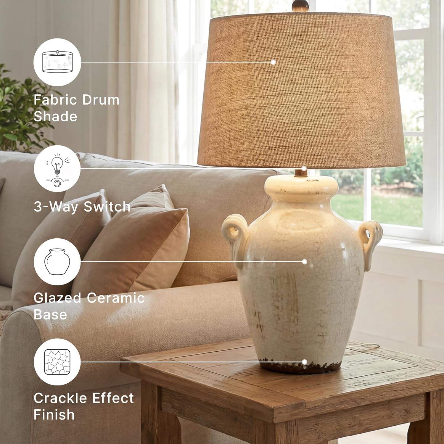 Signature Design by Ashley Emelda Casual Farmhouse Ceramic Table Lamp with Fabric Modified Drum Shade and 3-Way Switch, 27.25', Cream Glaze Crackle Finish