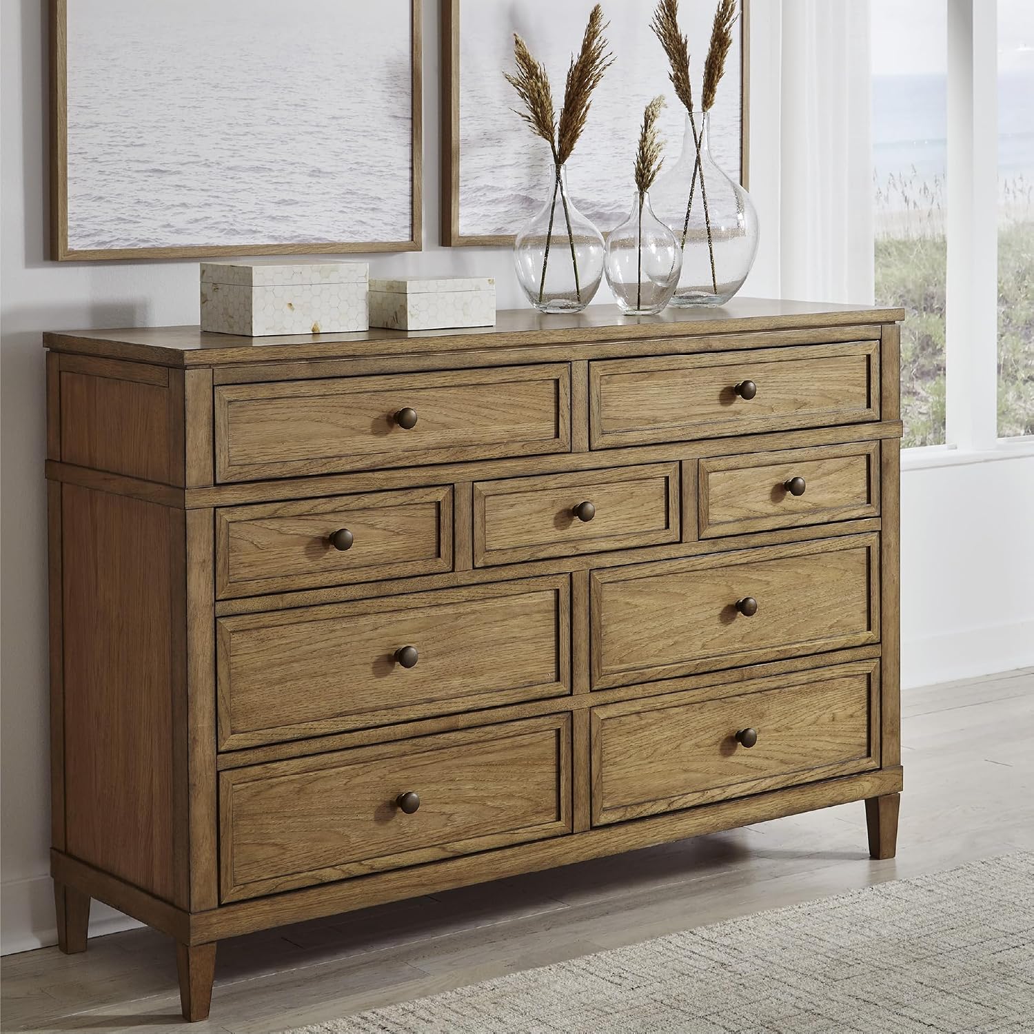 Signature Design by Ashley Sharlance Transitional 9-Drawer Dresser with Felt-Lined Top Drawers, Warm Brown