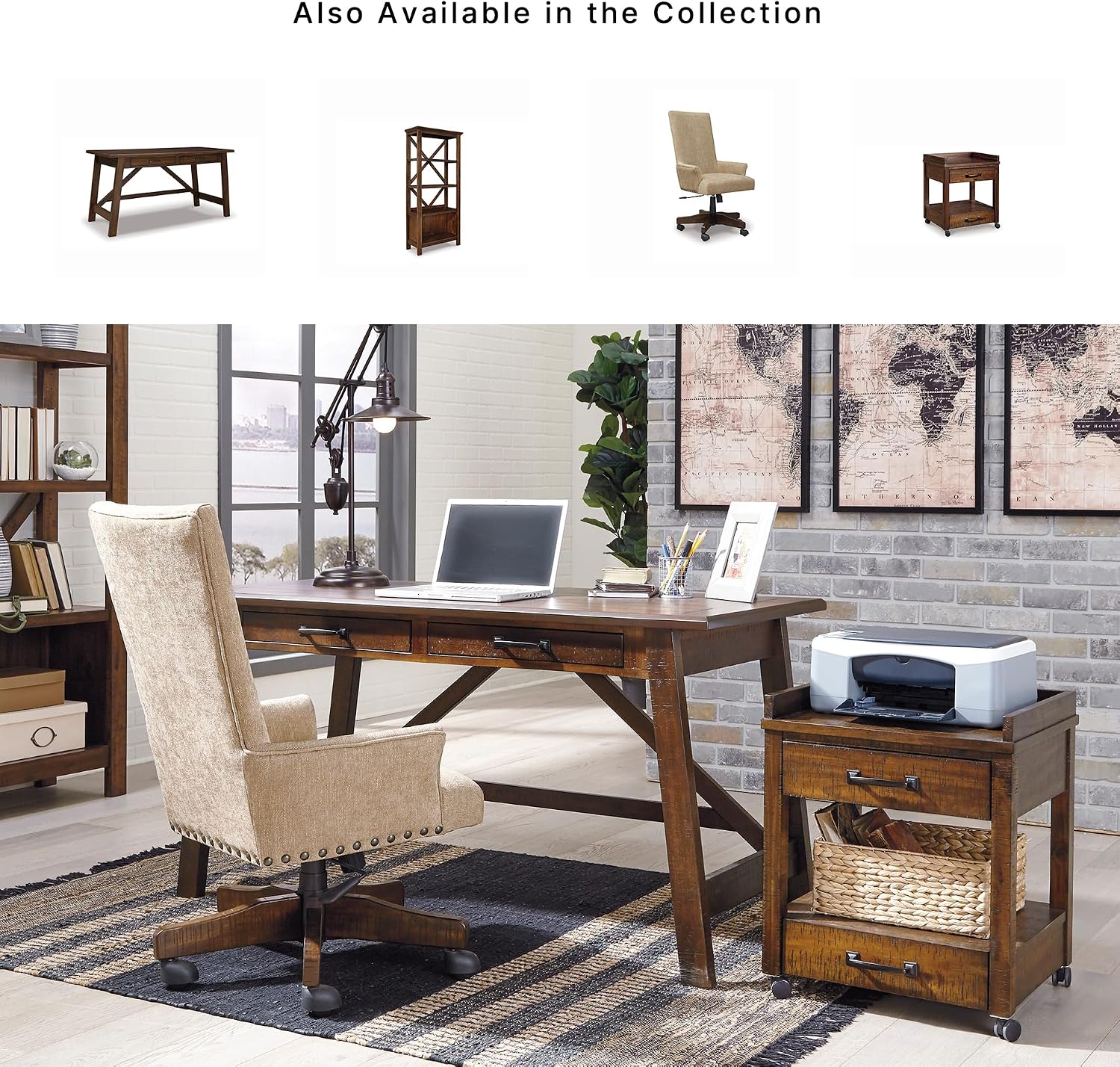 Signature Design by Ashley Baldridge Office Printer Stand, Storage, Electrical Outlets, USB Charing Ports, Wood, 21" W x 18" D x 24.63" H, Brown