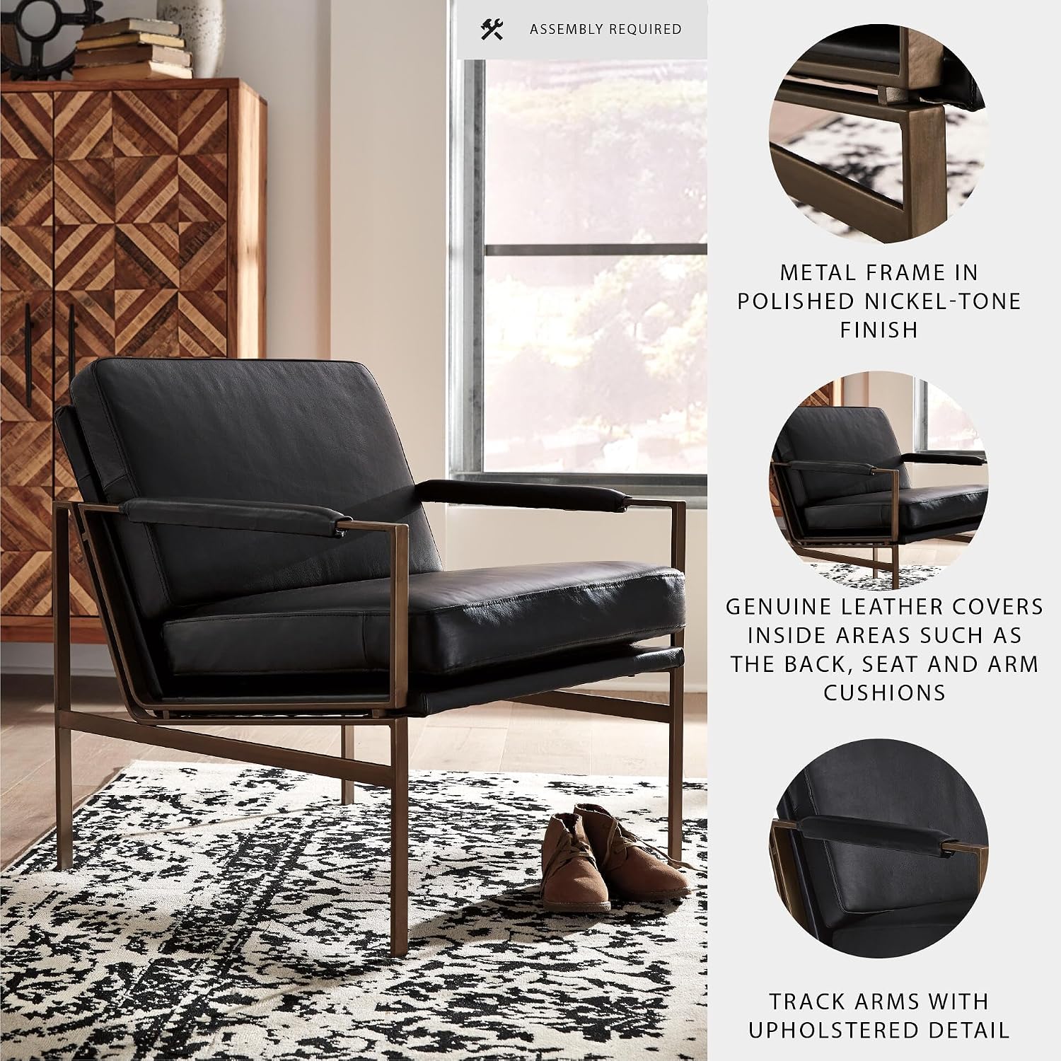 Signature Design by Ashley Puckman Leather Accent Chair, Modern Metal Frame Lounge Seating for Living Rooms, Black, 29" W